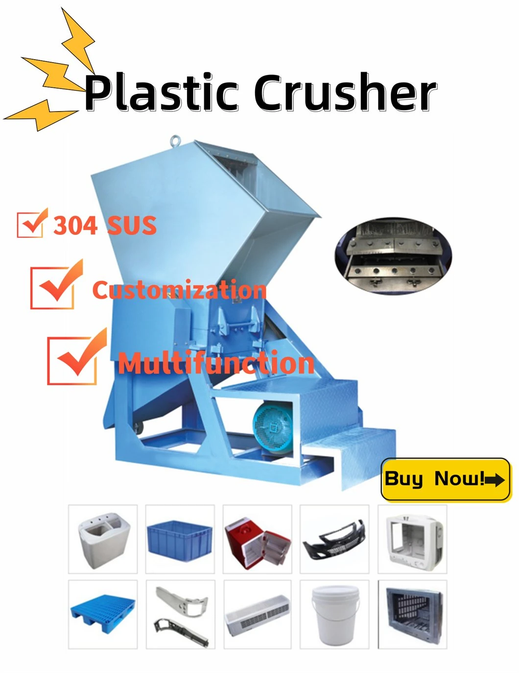 Big Caliber Plastic Shredder Crusher for Bottle Bottle Caps Tray